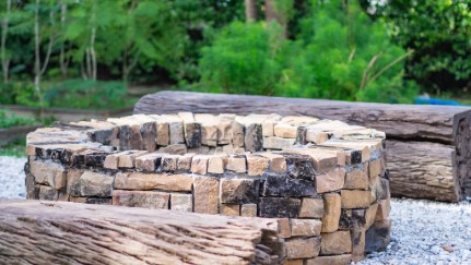 An outside fire pit near the woods.