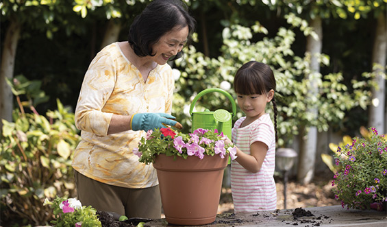 A child helping an elderly woman with watering the plant.