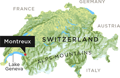 Map shows Montreaux on the western side of Switzerland, along Lake Geneva, north of The Alps